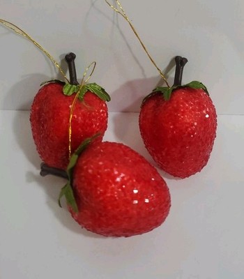 Vintage Red Sugared Frosted Glitter Strawberry Christmas Ornaments Set Of 3