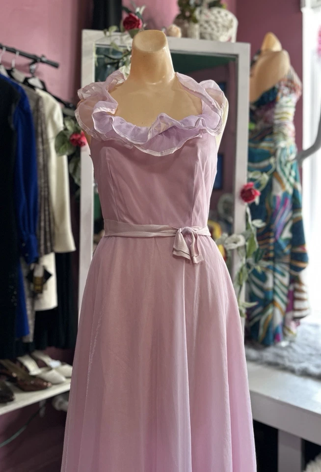 Vintage 70s Prom Formal Maxi Dress Purple Off Shoulder Prairie Boho Coquette XS - Image 3 of 4