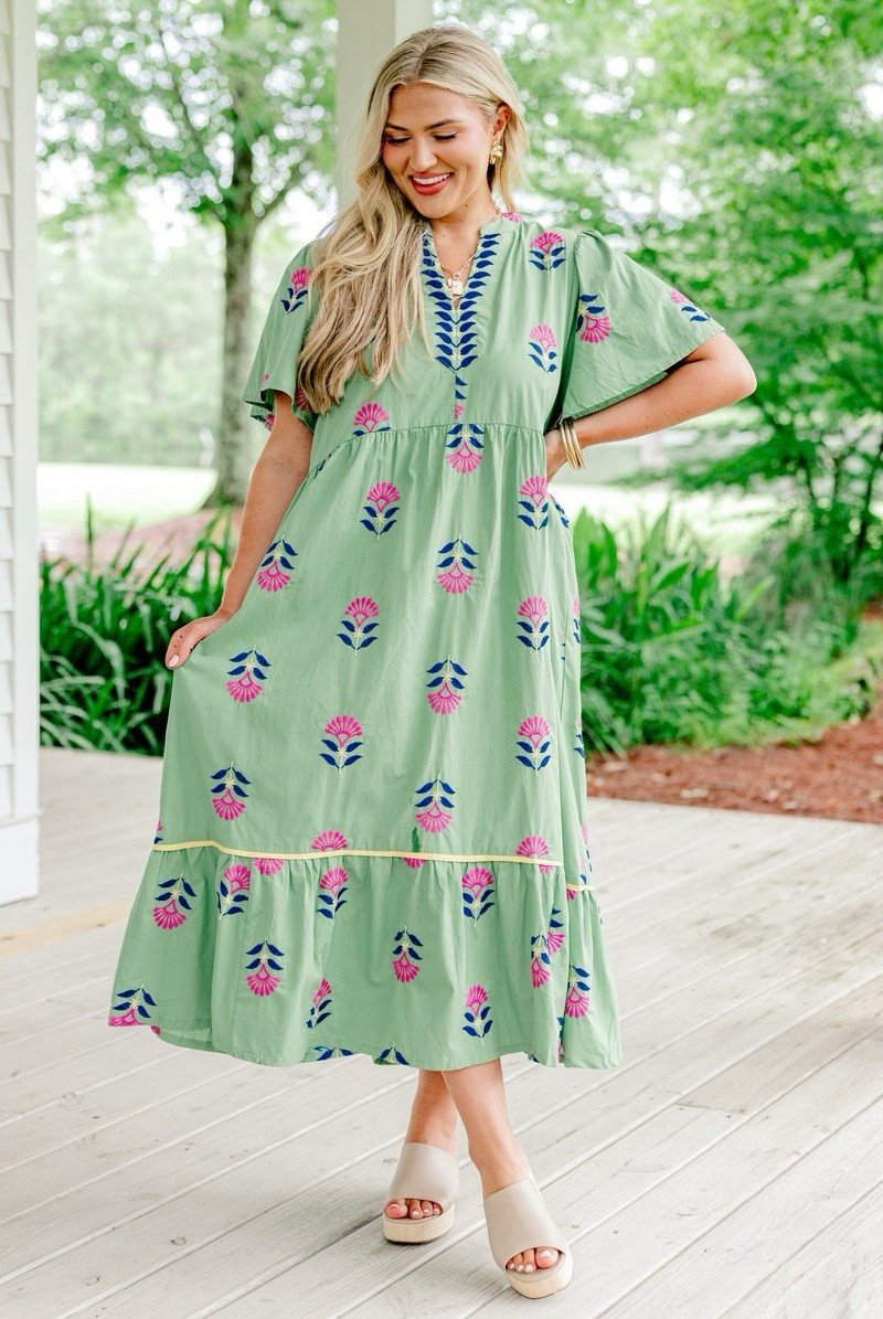 Umgee Floral Blooms Midi Dress Embroidered Botanical Flowy Cotton Boho Twirl
