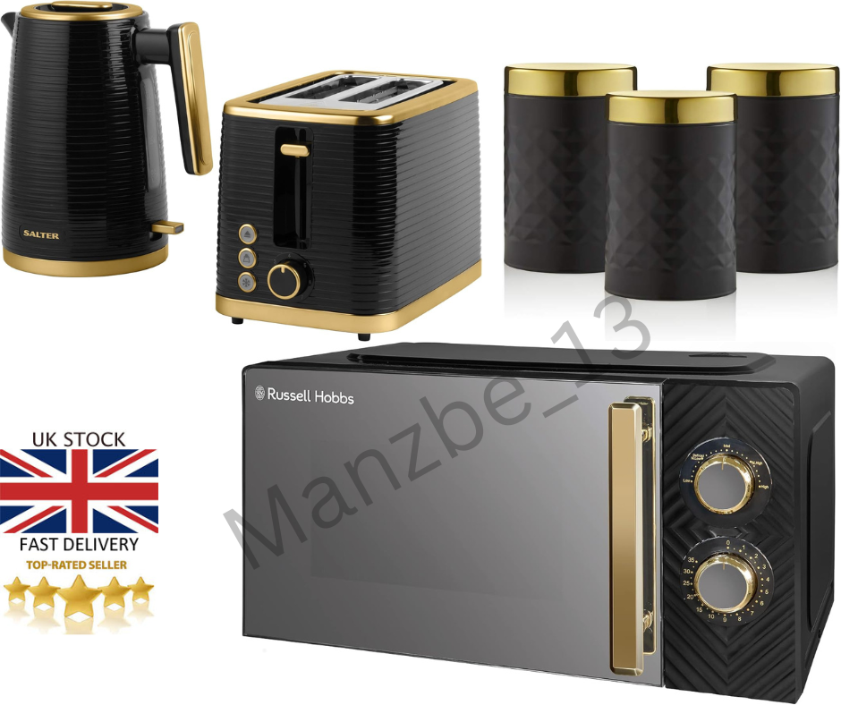 STYLISH Black Gold Microwave 3KW Kettle Slot Toaster Kitchen - Main Image