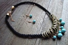 Statement Necklace Earrings Set Dangle Turquoise Beads Rings Rope Cord Jewelry