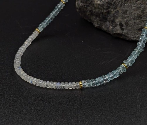 AAA+ Blue Aquamarine & Moonstone Faceted Rondelle Gemstone Beaded Necklaces 18'' - Picture 12 of 15