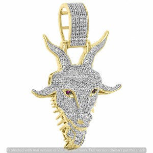 Authentic 14K Yellow Gold Plated 3 CT Round Moissanite Men's Animals Goat Head Pendant 1"