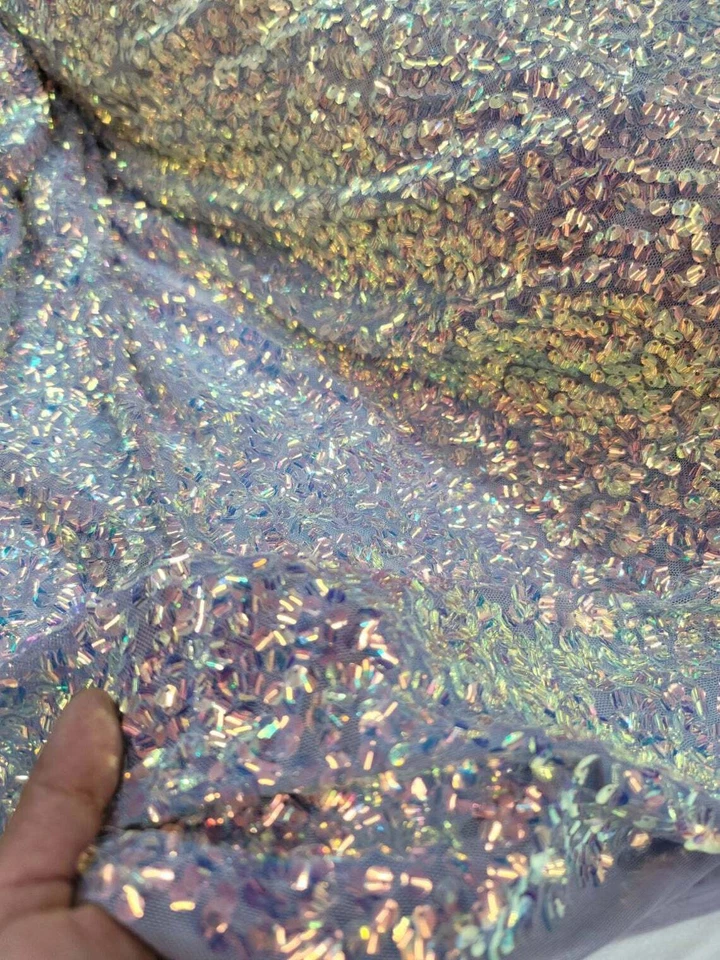 Tecido vendido por jarda lantejoulas lavanda tecido iridescente vestido de noite de noiva - Imagem 4 de 4