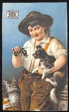 James Pyle's Pearline Washing Compound Victorian Trade Card Girl Cat Dog Trimmed