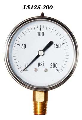 LIBERTY PNEUMATIC Pressure Gauge 0-200 PSI, Liquid Filled 2.5” Stainless Steel 1/4" NPT LM