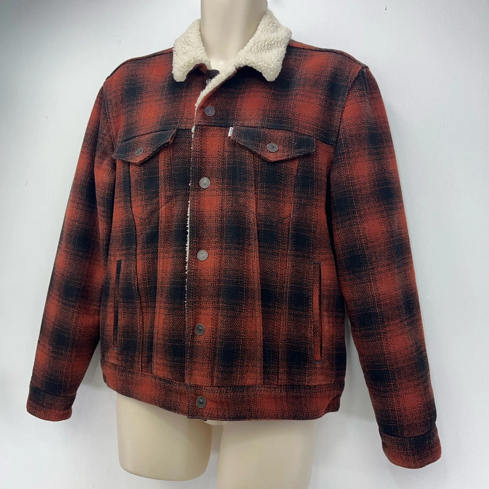 Levi’s American Red Wool Check Trucker Sherpa Jacket Men’s Size Medium - Image 4 of 4