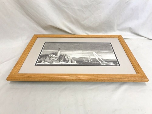 ORIGINAL Graphite Artwork “Racing to the Harbor” Sailboats Lighthouse Signed - Picture 4 of 5