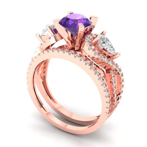 2 Round Cut Pear 3 stone Natural Amethyst Promise Bridal Band set 14k Rose Gold - Picture 2 of 5