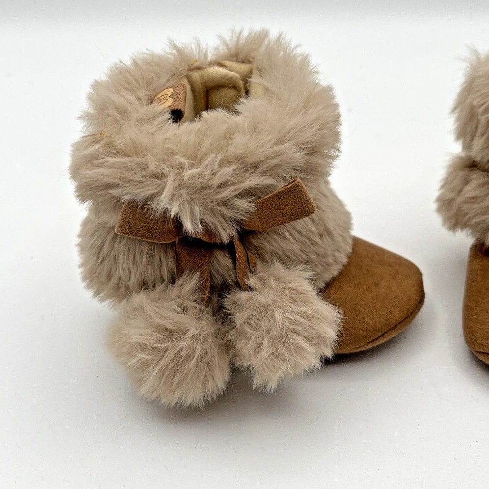 Stepping Stones Size 0-3 mo Brown Furry Baby Boots Moccasins Faux Suede Pom Poms - Image 2 of 4
