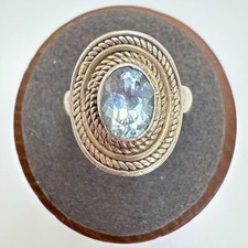 VTG Solid Sterling Silver 925 Blue Topaz Rope Border Statement Ring Size 6.75