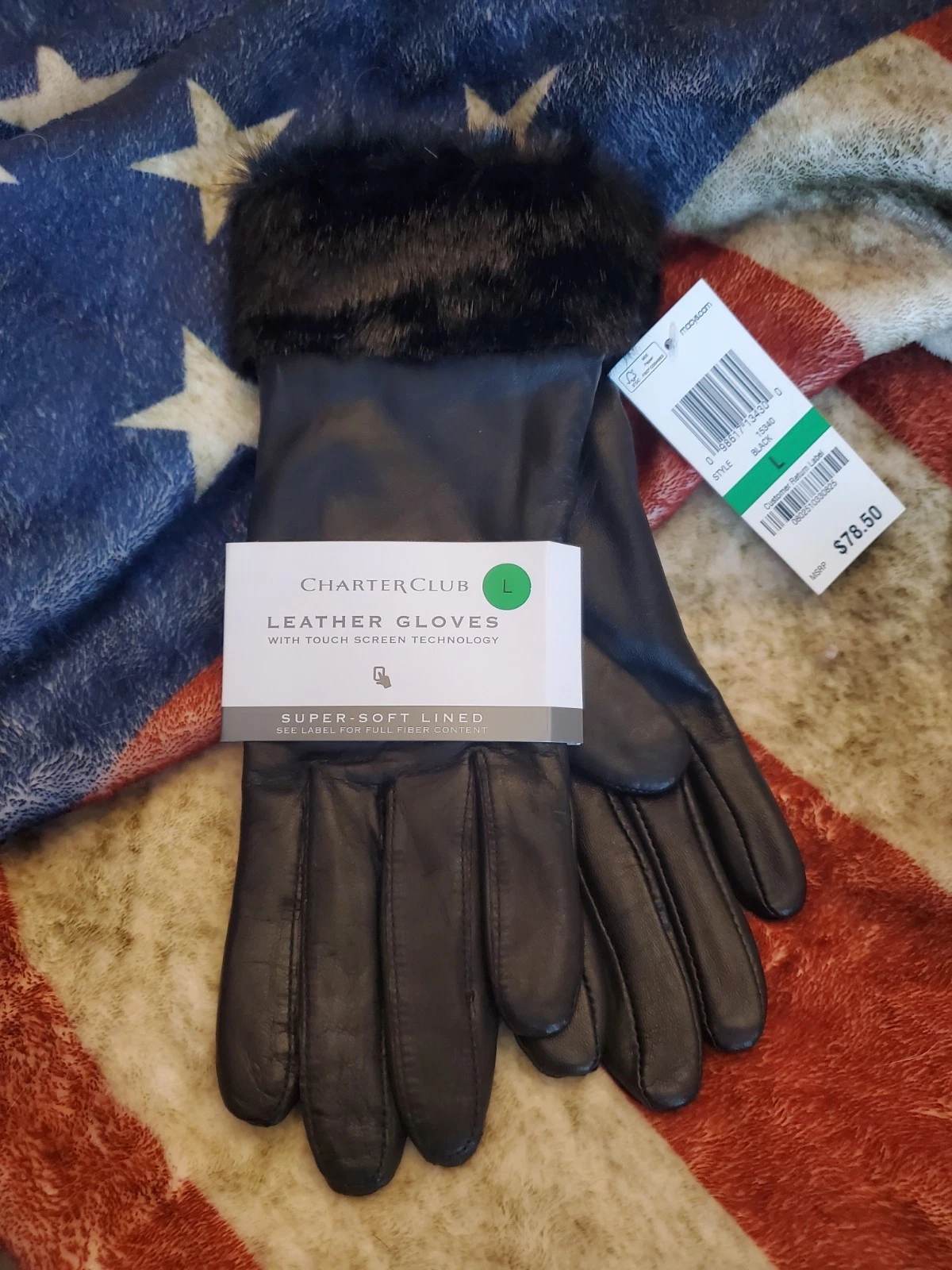 New Macy's Womens Charter Club Touchscreen Leather Gloves Fur Retail 78.50 Large