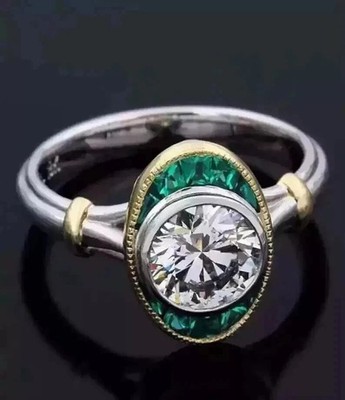 Art Deco Stil Lab Created Diamant & Smaragd Verlobungsring 14K Weißgold FN Ring