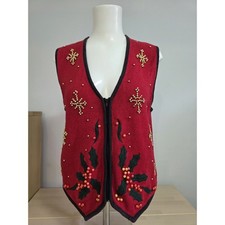 Vintage Knit Lifestyles by Kathie Lee Red Christmas Knit Vest Gilet Beads Medium
