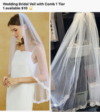 Wedding Bridal Veil 1 Tier with Comb White Fingertip Lace Edge Tulle