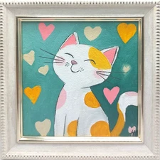 White Cat Original Oil Painting Naive Art Signed Framed Size 4x4 inches