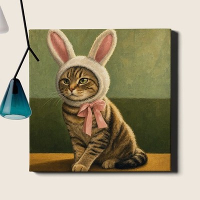 Cute tabby cat in bunny costume Canvas Print rabbit ears painting style