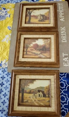 Lot Of 3 Vintage Rustic Fall Scenes Wood Framed & Matted Prints 6.5'' X 7.5''