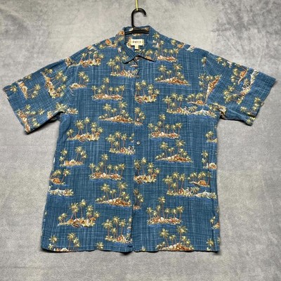 Campia Moda Y2K Hawaiian Aloha Shirt Mens L Blue Palm Tree Surfboard Tiki Hut