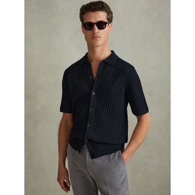 Reiss Murray Textured Knitted Shirt Navy Blue Ribbed Button Front Polo Small New