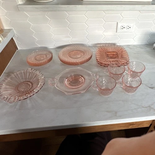 Pink Pressed Glass 17 piece Plate and Cup Set, Round & Square depression glass