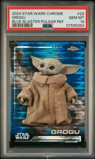 2024 TOPPS STAR WARS CHROME GROGU BLUE BLASTER PULSAR REFRACTOR #22 PSA 10