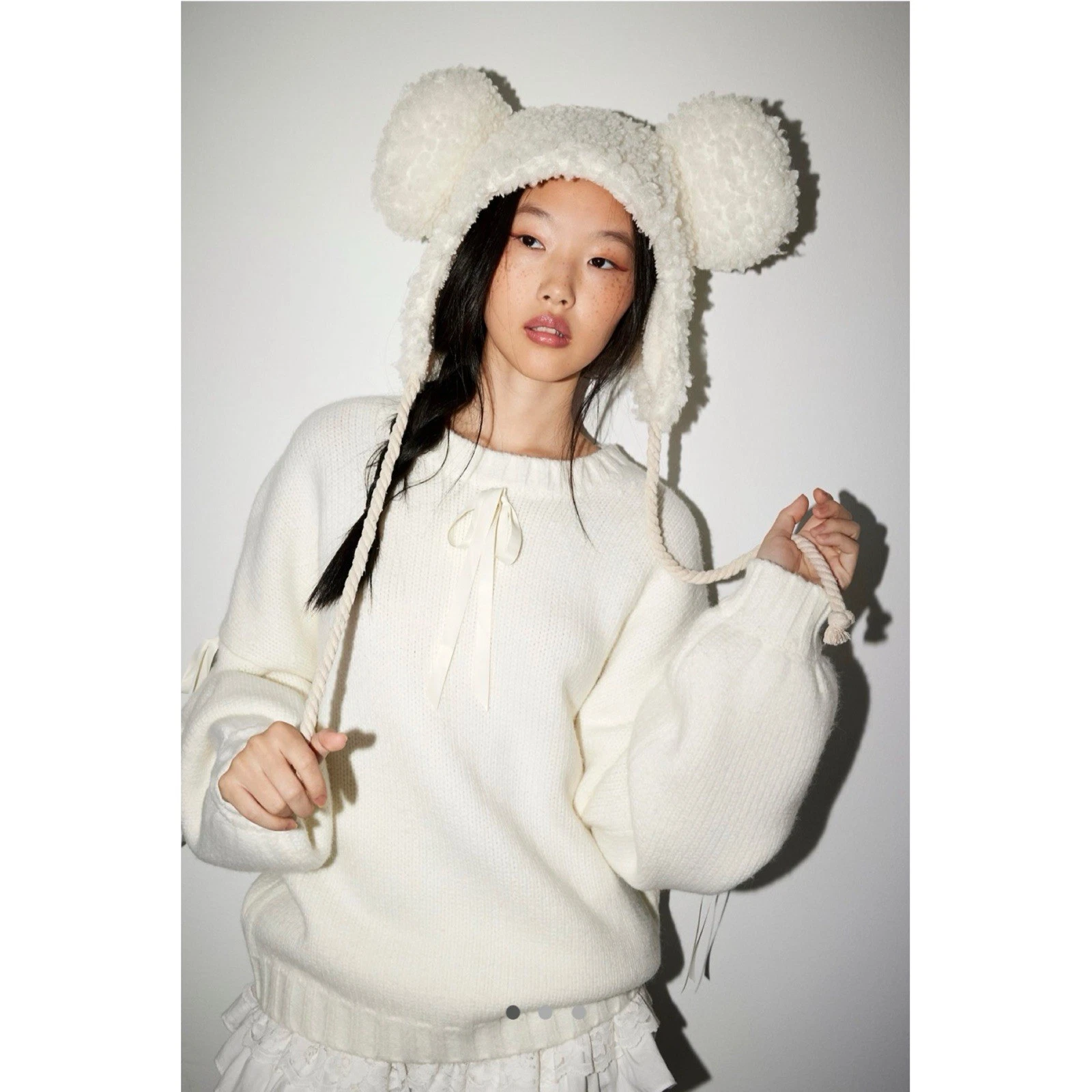 Urban Outfitters Teddy Fleece Hat w Ears + Tassel Strings