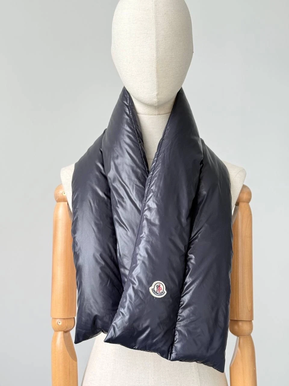 Moncler Down Puffer Scarf Navy Blue Logo Muffler Made In Italy 20x120 cm