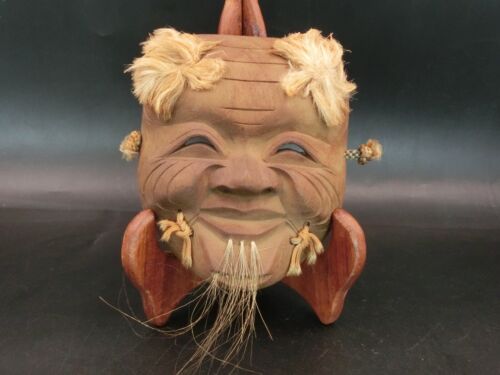 Japanese Vintage Wooden Small Noh Mask OKINA Old man Kagura Mask Hand carving - Picture 1 of 23