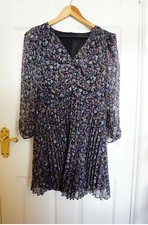 Zara Floral Mini V-Neck Dress Pleated Hem Black Red Green White S BNWT