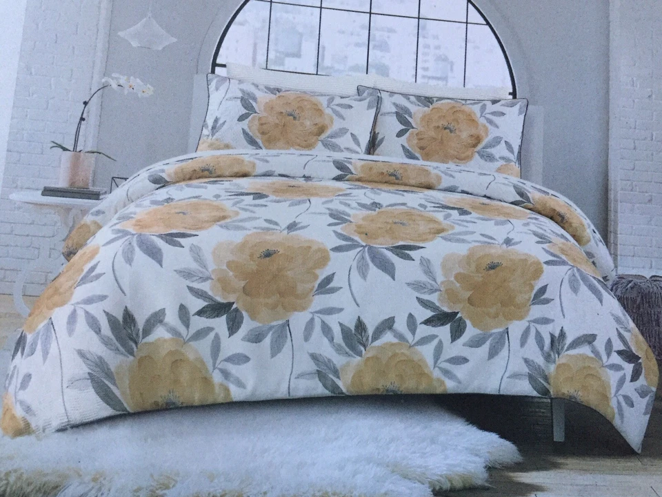 Juego de funda nórdica Nicole Miller Queen 3 piezas floral amarillo gris 100 % algodón nuevo con etiquetas Foto 2 de 4