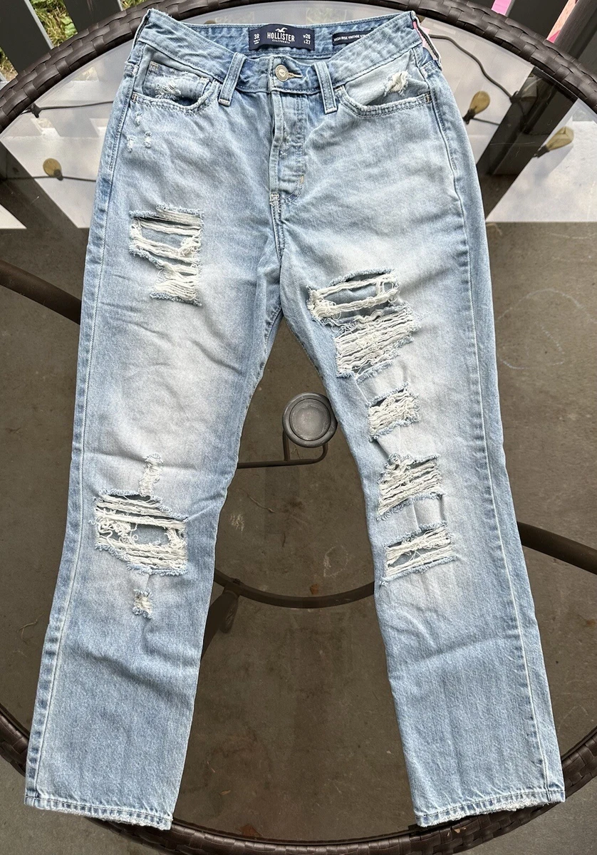 Hollister High Rise Vintage Straight Distressed Jeans in Light Blue Wash -  3R