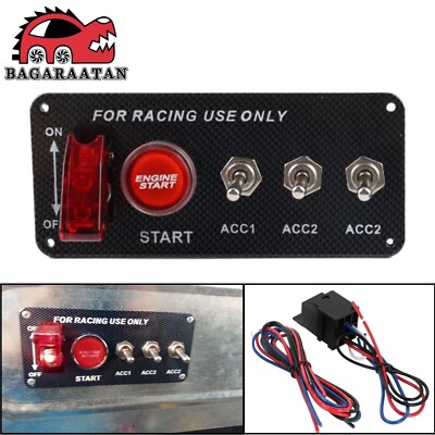 5in1 Ignition Switch Panel Engine Start Push Button Toggle LED 12V Carbon Fiber