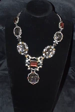 UNSIGNED Statement Necklace Silver Tone Multi-Color Stones 20"