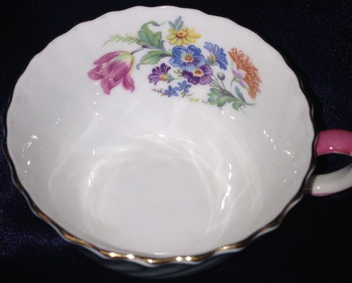 JOHN AYNSLEY 545 LIGHT BLUE SWIRL SHAPE FLAT CUP FLOWERS PINK HANDLE GOLD TRIM - Picture 6 of 8