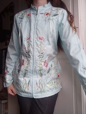 Vintage Quaker Factory Flower Blue Embroidery Zip Up Long Oriental Jacket Y2k 