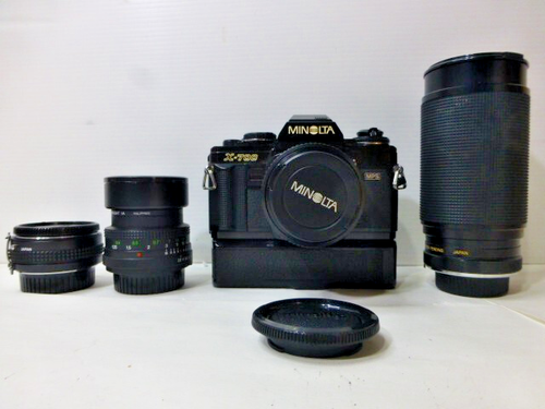 Minolta x-700 MPS SLR 35mm Film Camera w/ 4 Lenses, Winder G & Filters Works EX
