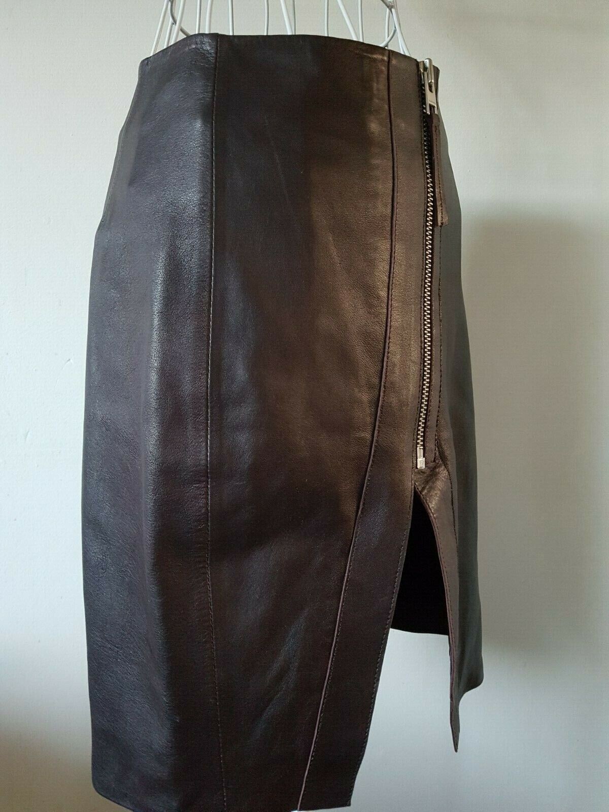 WOW-FABULOUS ALLSAINTS LUCILLE ZIP SPLIT BURGUNDY LEATHER SKIRT UK10 US6 RRP£249 image 9