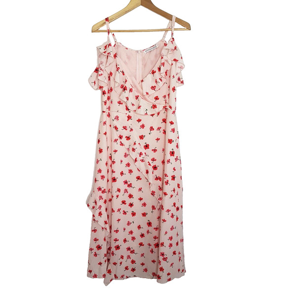 Atmos&Here Floral Sundress Dress SZ 18 Lafia Pink Ruffles Cold Shoulder Lined