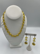 Yellow Glass Necklace 20   Handmade Floral Drop Earrings Faceted Glass Set