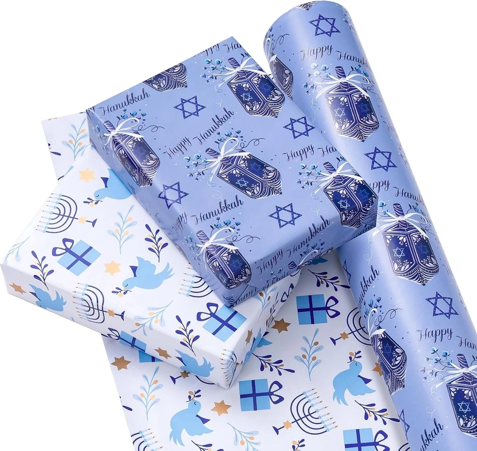 30 Inch Jumbo Hanukkah Reversible Wrapping Paper - Dreidels & Menorah Designs - Image 4 of 4