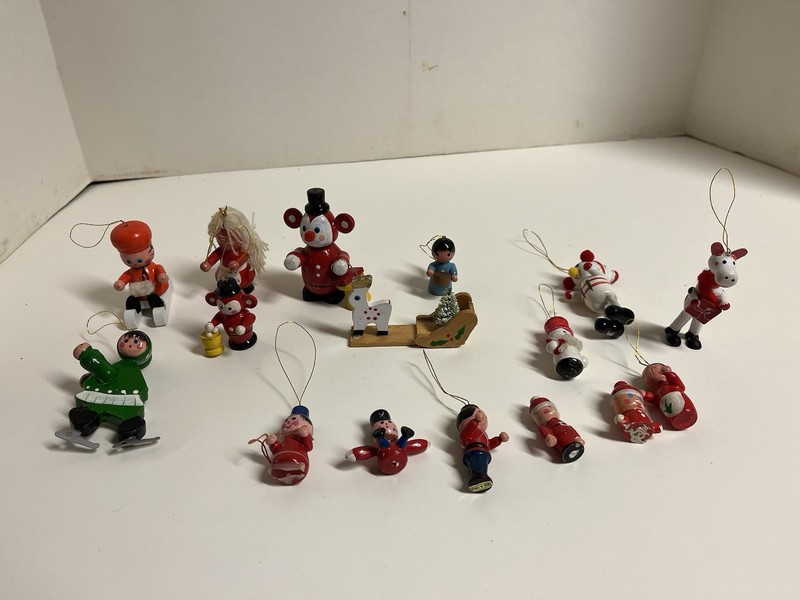 Collection Of 16 Handcrafted And Painted Miniature Christmas Figurine Ornaments.