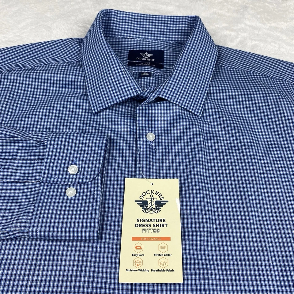 Camisa de vestir Dockers Signature para hombre 17/17,5-34/35 azul a cuadros ajustada ¡NUEVA CON ETIQUETAS! Foto 4 de 4