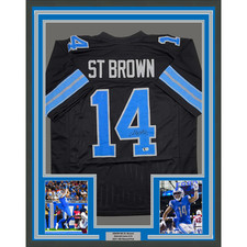 Framed Autographed/Signed Amon-Ra St. Brown 35x39 Detroit Black Jersey BAS COA