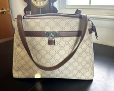 Nine West Brown Faux Leather Tote Bag Purse Neutral Minimalist Style Lock Charm