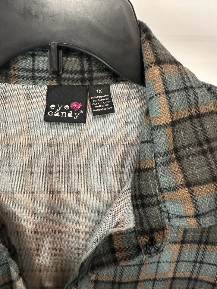 Eye Candy Women's Blue Gray Plaid Flannel Stretch Roll Tab Sleeve NEW 1X-2X - Image 4 of 4