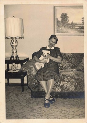 VTG Photo Beautiful Woman Polka-Dot Fashion Pet Dog Floral Tassel Couch
