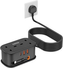 Travel Extension Lead, FDTEK 2 Way Power Strip with Retractable USB C Cable and