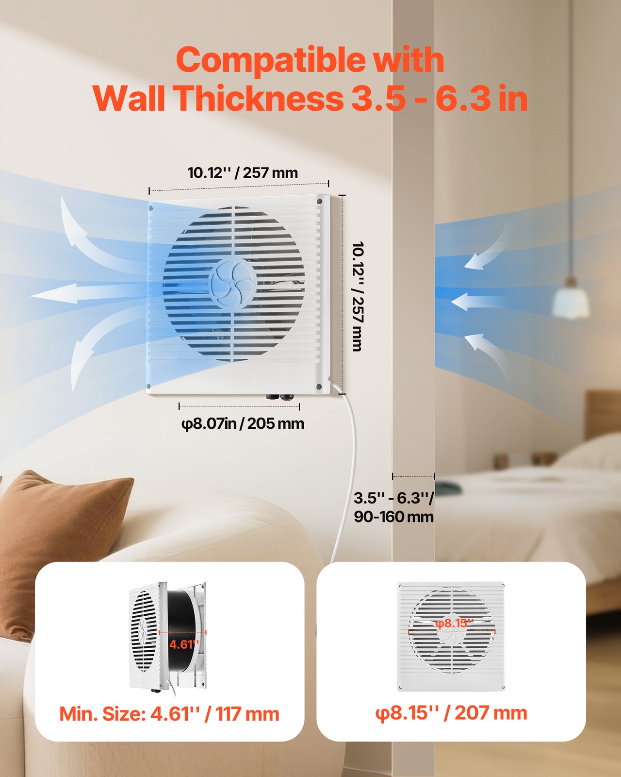 VEVOR 7.5 Inch Room to Room Fan Through Wall Fan AC Bi-directional Wind 180 CFM