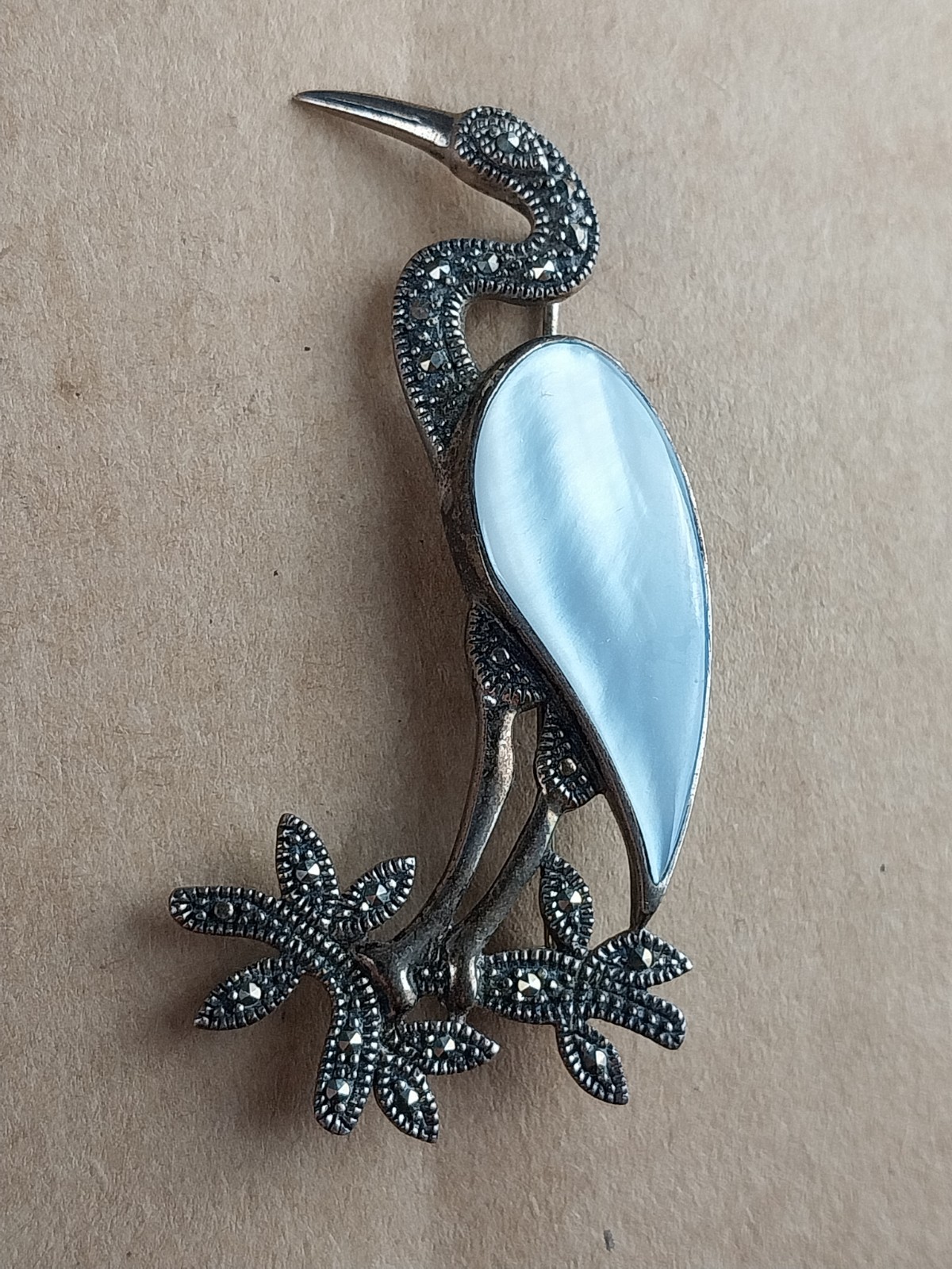Vintage Sterling Silver Marcasite Mother Of Pearl Bird Heron Brooch